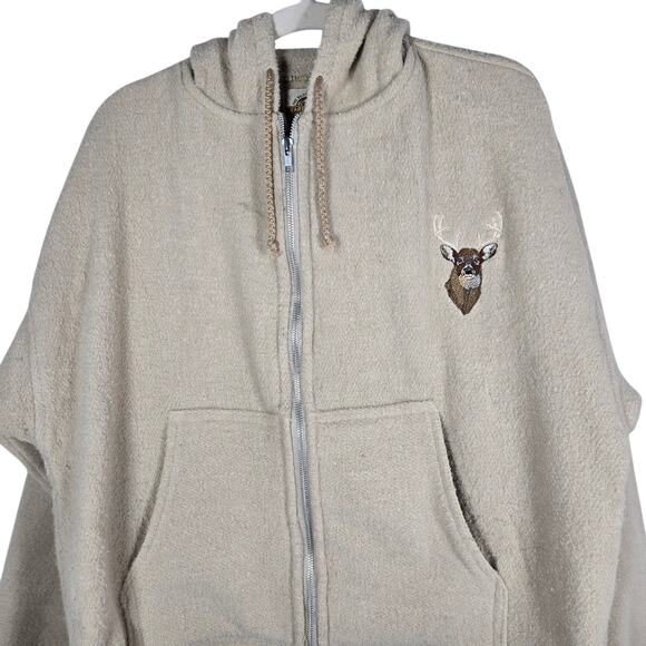 Earth Ragz Hoodie Mens Large Beige Deer Embroidered Zip Fleece Jacket Mexico - Picture 2 of 14